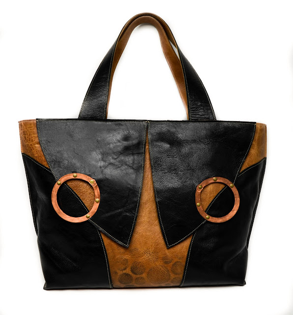 Chemical Wedding leather tote in whiskey and black with copper embellishments