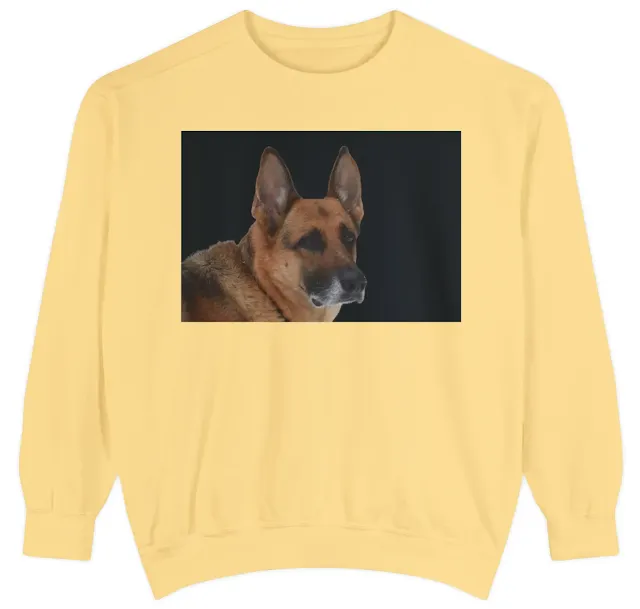 Garment-Dyed Sweatshirt for Men and Women with With Large Serious Looking Tan and Black Color German Shepherd