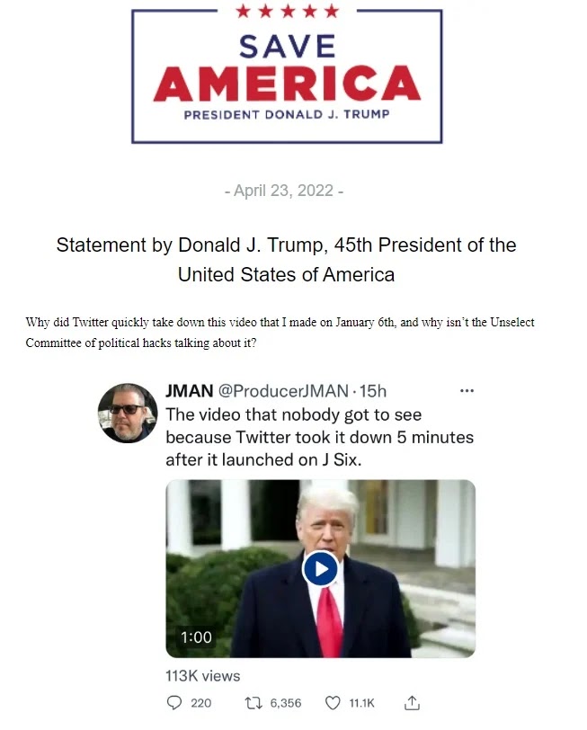President Trump Shares Tweet He Released on Jan 6 that Twitter Took Down in 5 Minutes