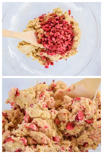collage of strawberry cookie dough