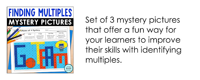 Download a set of 3 mystery pictures to practice finding multiples of numbers.