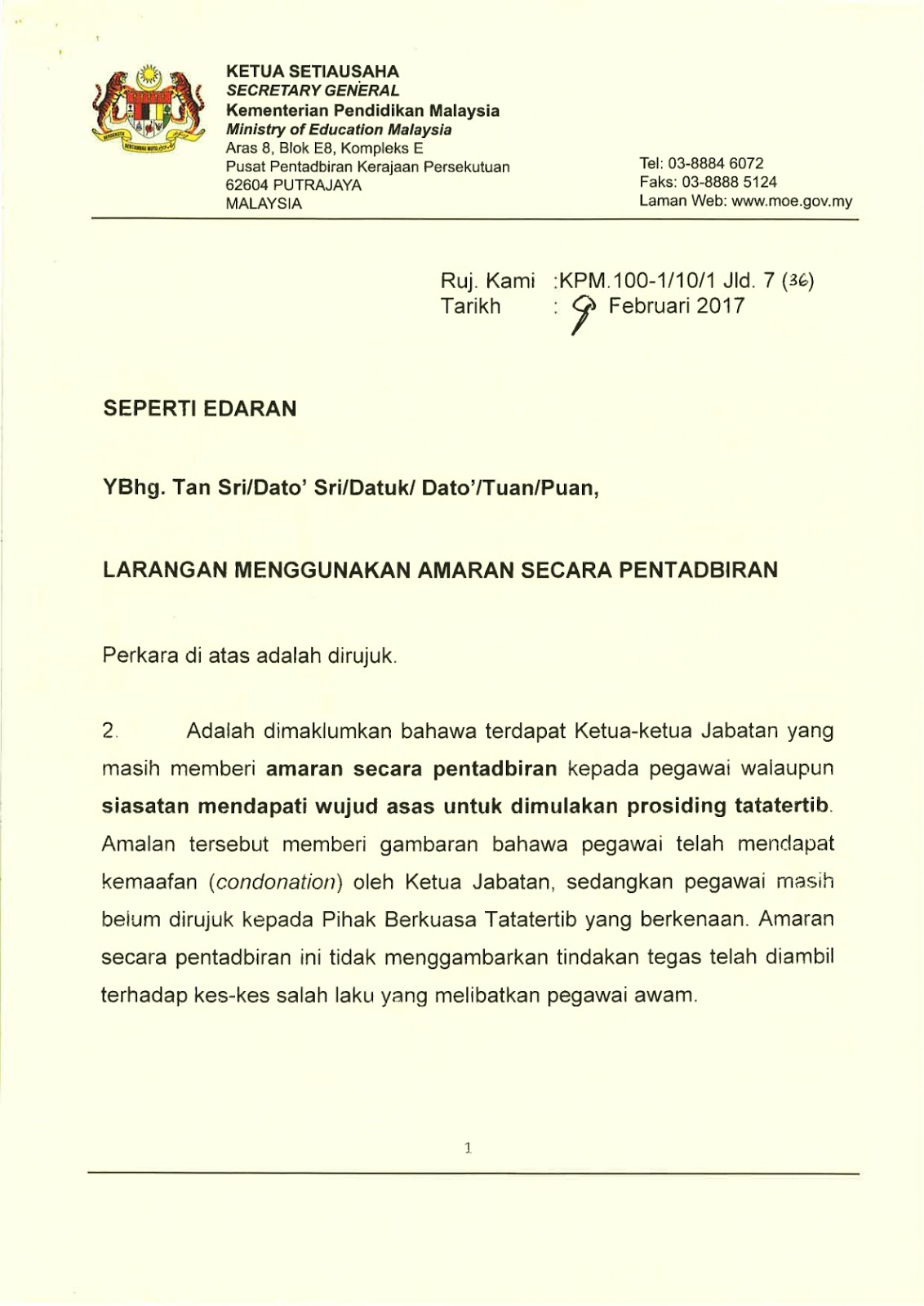 Surat Larangan Menggunakan Amaran Secara Pentadbiran Pendidik2u