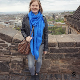 awayfromblue Instagram | what I wore to visit Edinburgh castle monochrome grey jeans and leather jacket cobalt Louis Vuitton scarf