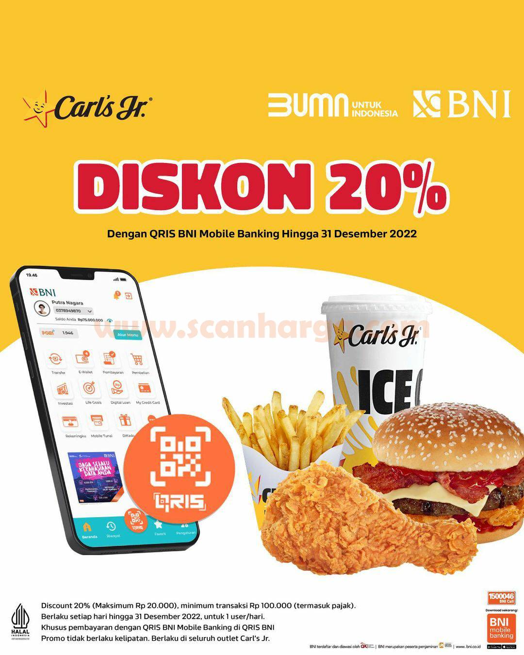 Promo CARLS JR DISKON 20% – dengan QRIS BNI Mobile Banking