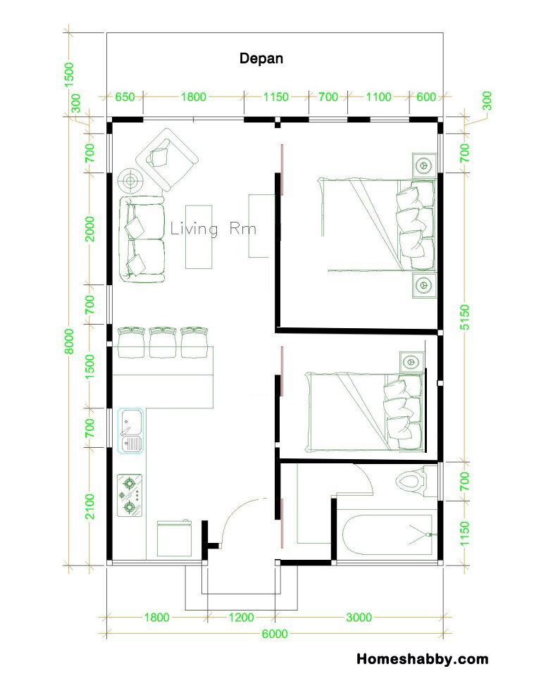 Desain dan Denah Rumah Kecil Ukuran 6 x 8 M Tampil 