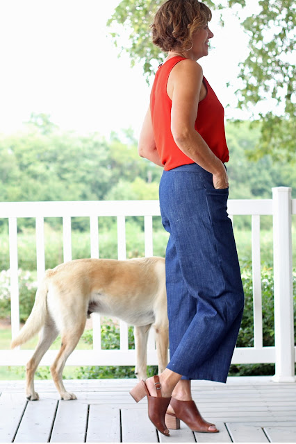 McCall's 7445 wide leg culottes, a Melissa Palmer pattern made in Mood Fabrics' stretch denim - side view