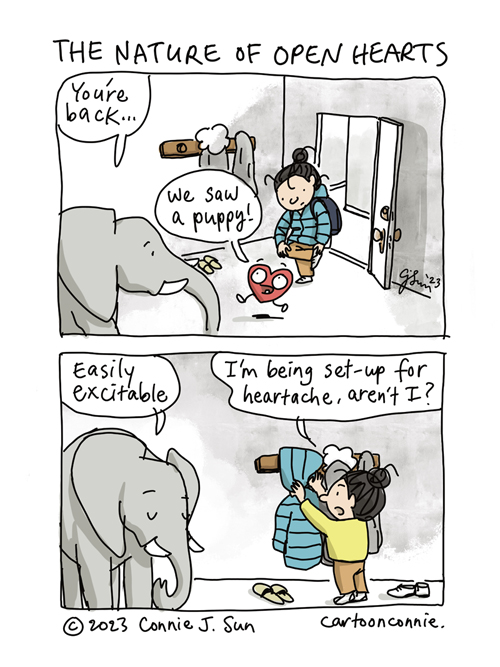 2-panel comic strip about the nature of being open-hearted, part 6 in a series. In panel 1, an elephant greets a girl with a bun, saying "You're back," as she walks into the door of her apartment and takes off her shoes. A peppy red cartoon heart leaps in the door too and says, "We saw a puppy!" In panel 2, Elephant remarks that the heart is "Easily excitable." The girl hangs up her coat and says, "I'm being set up for heartache, aren't I?" Cartoon heading: "The Nature of Open Hearts." By Connie Sun, cartoonconnie, 2023.