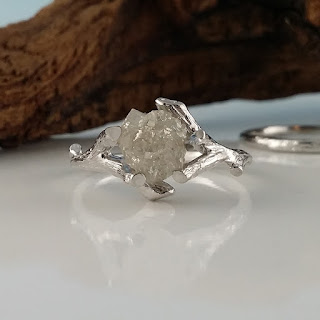 Raw Uncut Cruelty Free Diamond, 14k White Gold Alternative Bridal set, White Diamond, Diamond Engagement Ring, One-of-a-Kind Rough Diamond Engagement Ring, Raw Uncut Rough Diamond