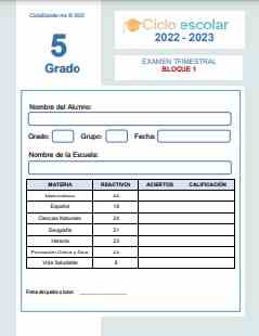 Examen Trimestral Bloque 1 Quinto grado 2022-2023