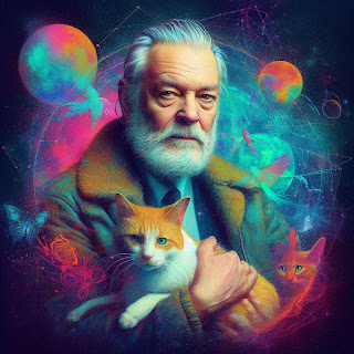 a cosmic artistic rendering of Phillip K Dick holding a cat