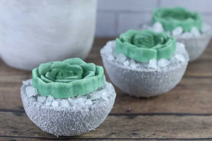 How to make cute DIY succulent bath bombs. These fake succulents would make a unique gift idea. This homemade bath bomb recipe is made with Epsom salt, baking soda, and essential oil and without cornstarch. It is full of fizzy bubbles when it hits the water.  Get ideas for home made bath bombs with a pretty succulent bath melt on top. I used the best bath bomb molds that are sturdy.  It's a plain circle mold, so there's no special one needed. #bathbomb #diy #succulent