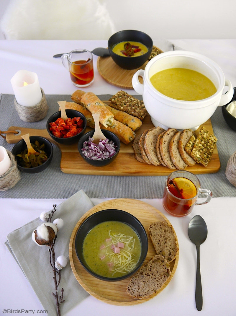 Décor de Table Pour Un Soupe Bar d'Hiver - Idées rapides, cozy et faciles pour organiser un brunch ou un dîner à la maison autour de la soupe! by BirdsParty.com @birdsparty #soupebar #diner #decodetable #decordetable #tablehiver #dinerhiver #soupe