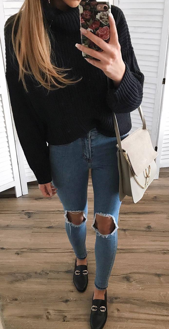 stylish look | black sweater + bag + ripped jeans + loafers