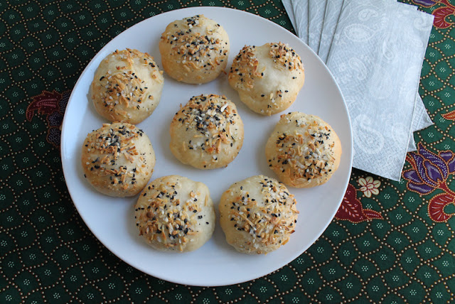 Food Lust People Love: These stuffed bagel balls are baked till golden with lovely cream cheese inside, topped with everything bagel seasonings. From the fundraising cookbook, Family Meal in aid of the Restaurant Workers' Community Foundation.