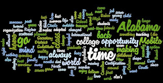 A wordle based on a short paragraph about Regina Bunch with the colors green and blue filling in words on a black background.