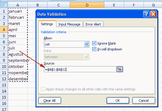 membuat daftar pilihan isian di ms excel