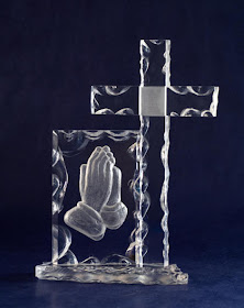 Praying Hands at Cross made with Crystal Glass