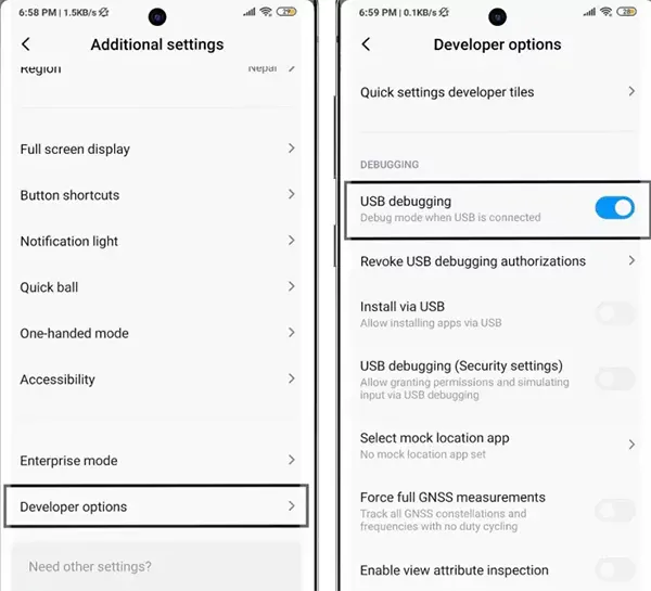 تفعيل USB Debugging