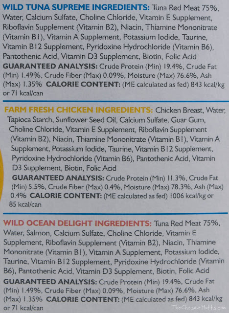 ingredients of tuna, salmon, and chicken canned cat food