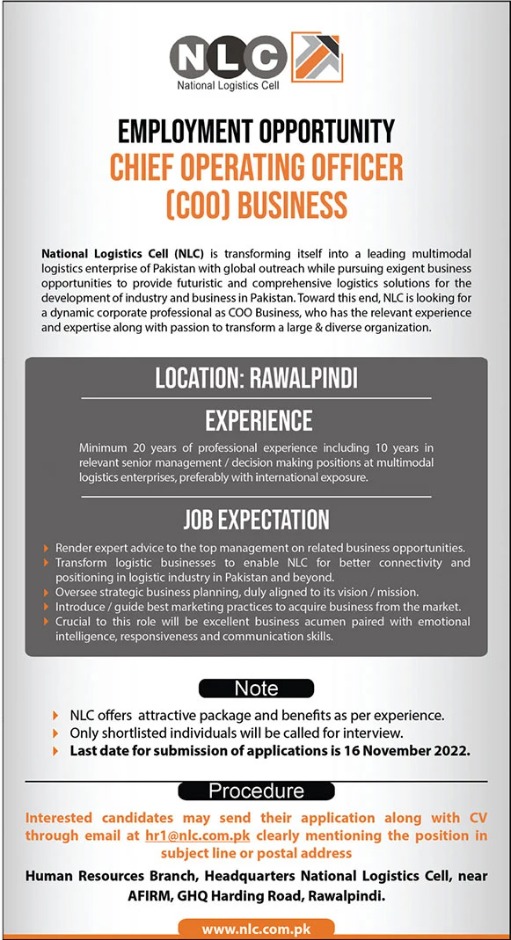 Latest National Logistics Cell NLC Management Posts Rawalpindi 2022