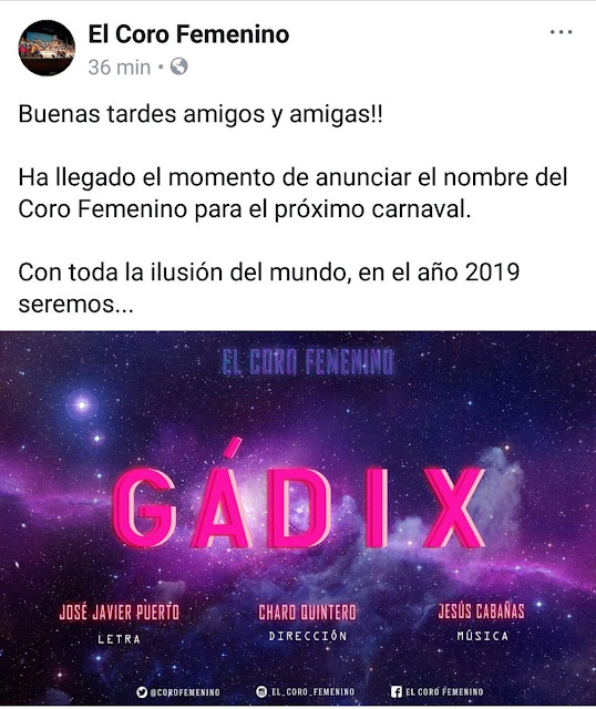 En 2018 fueron 'La Mari' en 2019 el Coro Femenino será 'Gádix' 