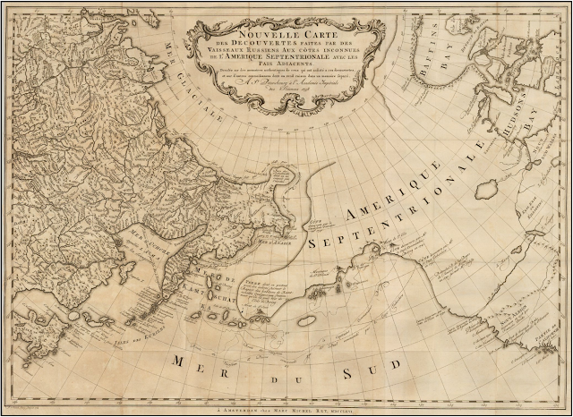 Nouvelle Carte Des Decouvertes Faites par Des Vaisseaux Russiens Aux Cotes Inconnues De L'Amerique Septentrionale Avec Les Pais Adiacents ('New Map of Discoveries Made by Russian Vessels on the Unknown Coasts of North America with Adjacent Countries') published in Amsterdam in 1758 by Gerhard Friedrich Müller.