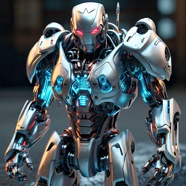 A high-tech robot standing in a modern laboratory setting, with metallic and silver hues dominating the color scheme. The robot features glowing blue circuits, shimmering wires, and a sleek, aerodynamic design. Its advanced limbs and torso are adorned with intricate details, conveying a sense of innovation and precision engineering. The background is a blurred mix of scientific equipment and coding screens, emphasizing the robot's cutting-edge capabilities.