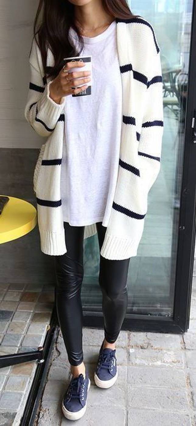 cool casual outfit / stripped cardi + white top + leather skinnies + sneakers