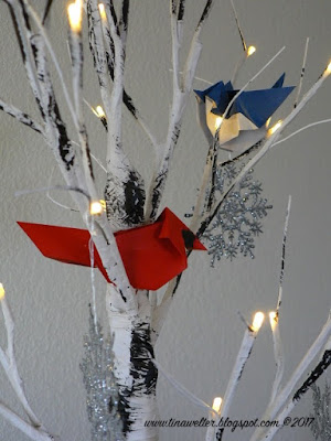 Cardinal, Blue jay and Birch tree, photo and origami ©2018 Tina M. Welter