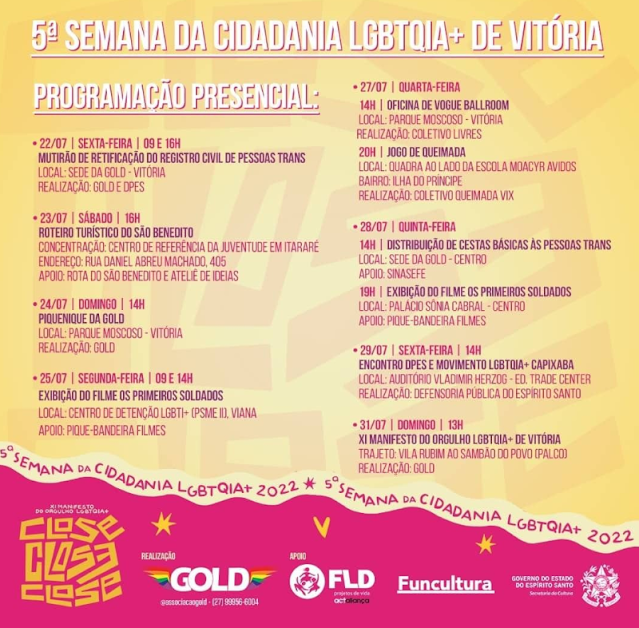 Confira a programação da 5ª Semana da Cidadania LGBTQIA+ de Vitória 