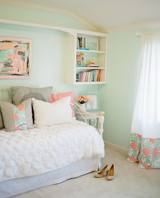 Mint and pink color palette interior design bedroom