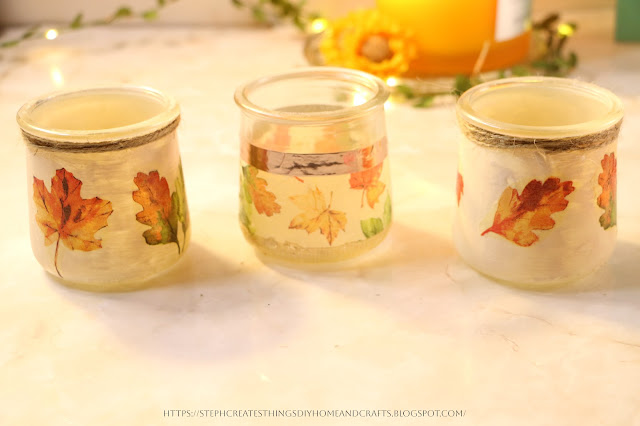 Glass yogurt jars with decorative fall napkin decoupaged