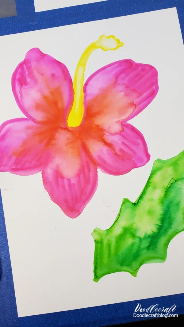 Step 1: Hibiscus Flowers  Begin by taping the watercolor paper down on a worksurface.   Then use the Tombow Dual Brush Pens to draw a rough outline of a hibiscus flower.