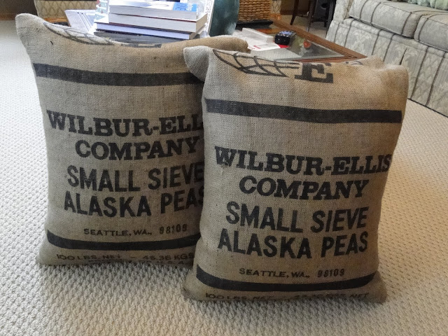 cushions made from vintage seed sacks