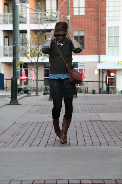 Ralph Lauren Sweater from summerbird, Skirt from The Boulevard at South End, Forever 21 Shirt, Coach Bag, J. Crew Necklace, tights, bracelet, Charlie 1 Horse boots, Blinde Sunglasses, JewelMint Earrings