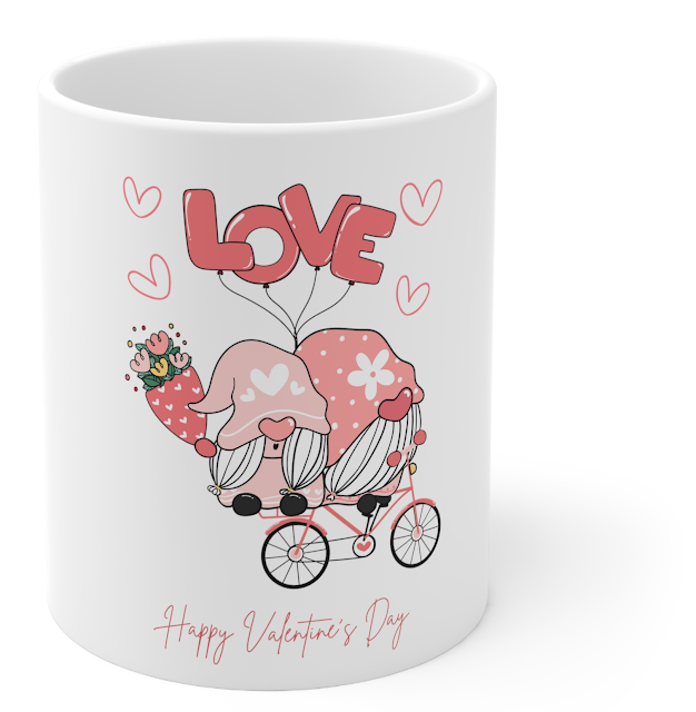 Ceramic Mug With Pink Black Illustrated Happy Valentine's Day on Bicycle and Love Text in Balloons