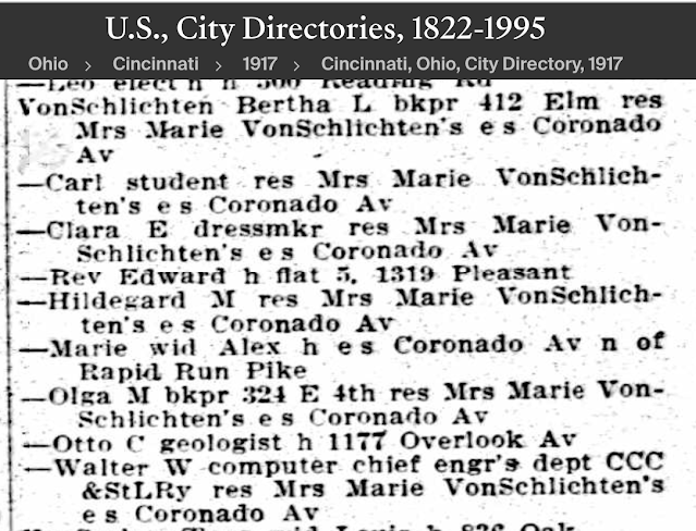 black and white text from cincinnati city directory listing members of the Von Schlichten family on Coronado Avenue