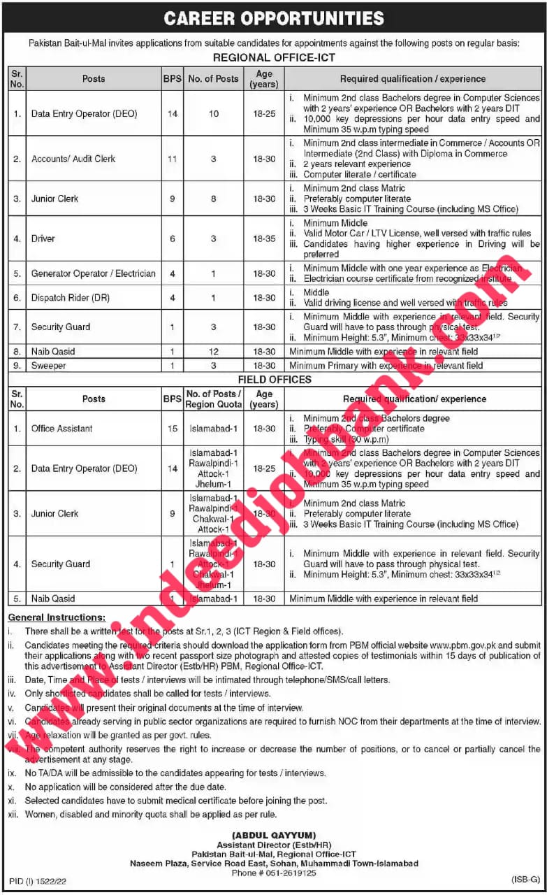 Pakistan Bait-ul-Mal jobs 2022 Ad