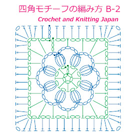 編み図▶四角モチーフの編み方 B-2【かぎ針編み】Crochet and Knitting Japan クロッシェジャパン