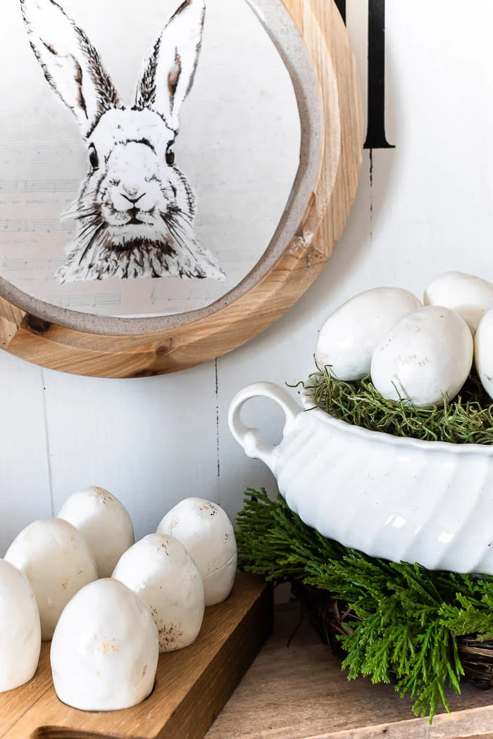 bunny picture, faux ironstone eggs in antique ironstone