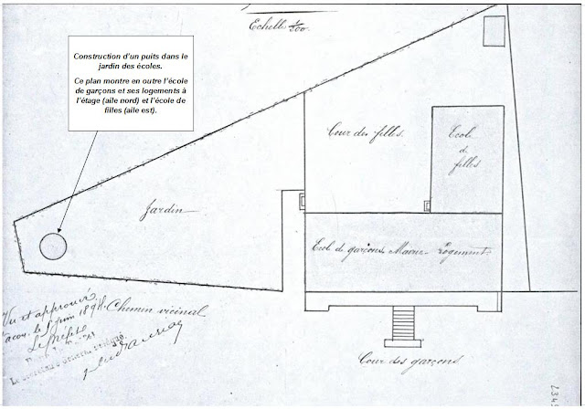 Plan d’implantation d’un puits dans le jardin de l’école, approuvé et paraphé par le Préfet le 5 juin 1894 (AD71)