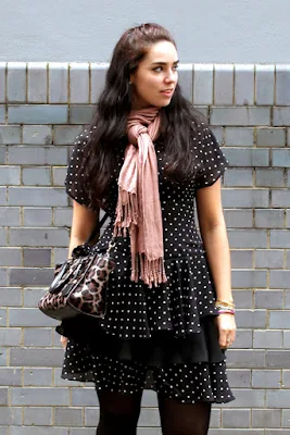 Vintage polka dot ruffle 80s dress and animal print Coach bag - London fashion blogger Emma Louise Layla 