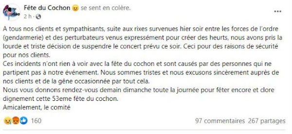 Le message des organisateurs sur Facebook