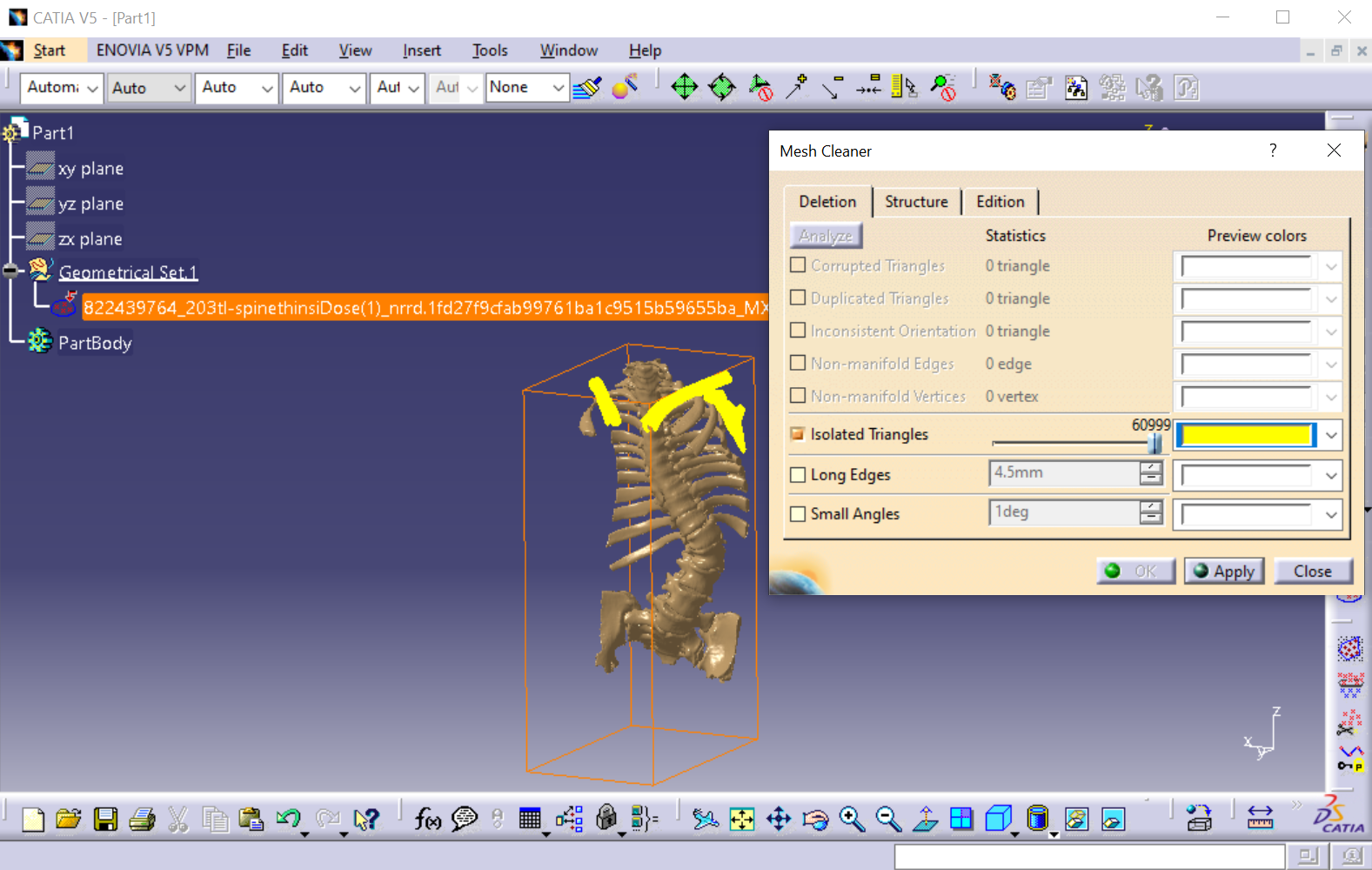 The process of removing corrupt meshes from the STL file in CATIA V5