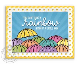 Sunny Studio Stamps: You Can't Have A Rainbow Without A Little Rain Umbrella Card by Mendi (using Rain or Shine and Over The Rainbow Stamps, Frilly Frames Polka-Dot Dies, Dots & Stripes Pastel Paper, Spring Sunburst Paper & Gingham Pastels Paper) 