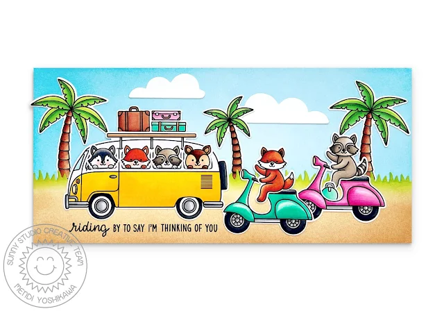 Sunny Studio Summer Slimline Card using Beach Bus, Critters on the Go, & Sending Sunshine Clear Craft Stamps & Cutting Dies