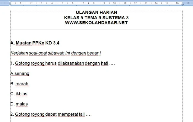 Soal ulangan harian atau penilaian harian kelas 5 SD/MI Kurikulum 2013 Tema 9 Subtema 3 Manusia dan Benda di Lingkungannya