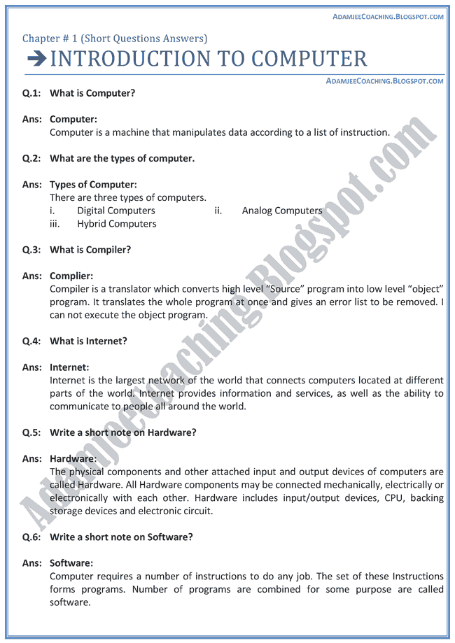 Introduction-to-Computer-Short-Question-Answers-Computer-IX