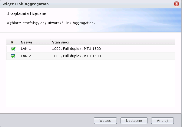 Wybór interfejsów sieciowych mających brać udział w agregacji