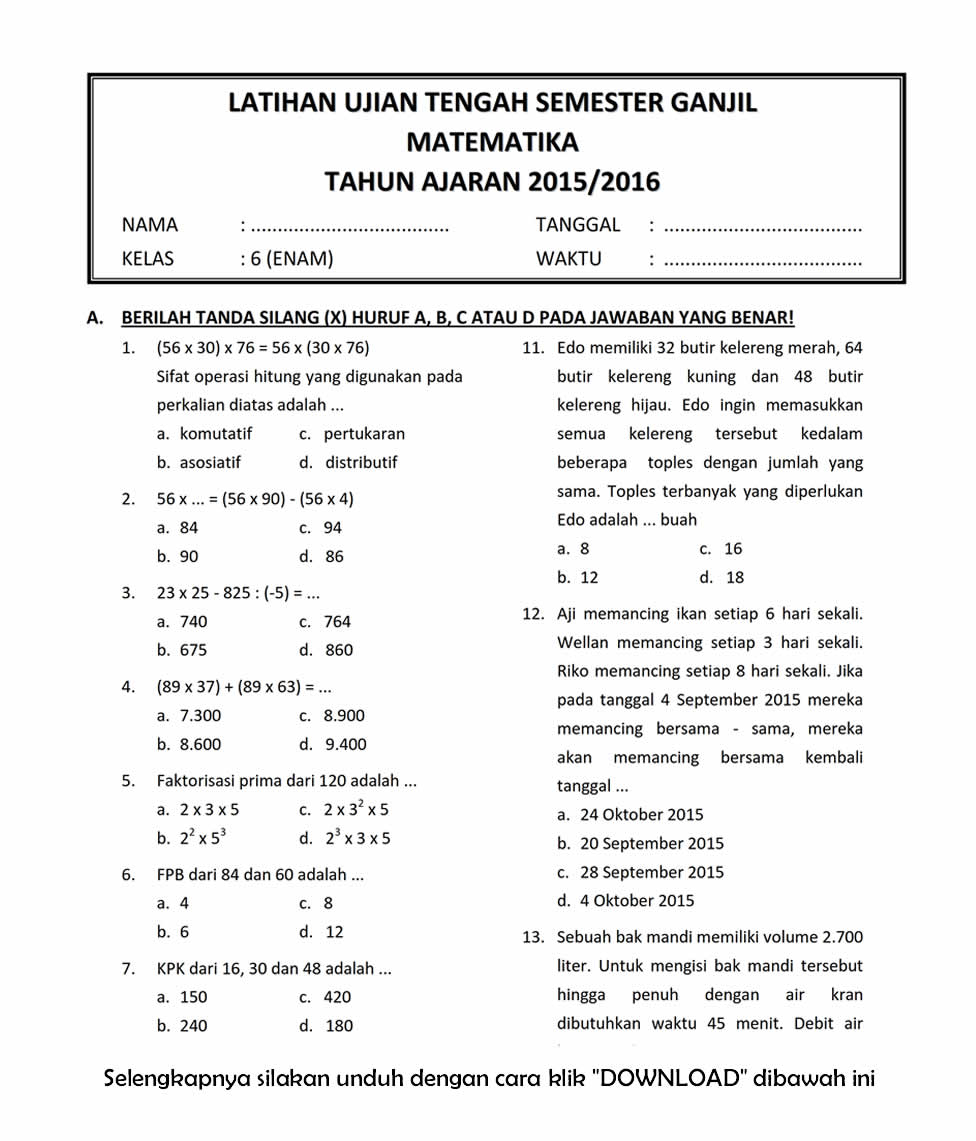 Download Soal UTS Ganjil Matematika Kelas 6 SD Semester 1  Tahun Ajaran 2015\/2016 ~ Rief Awa 